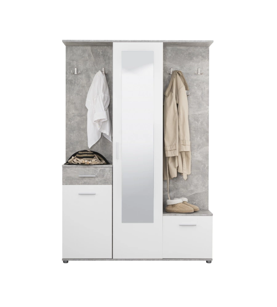 MOBILE DA INGRESSO "BARCELLONA" CON SPECCHIO, CASSETTI E APPENDIABITI BIANCO E CEMENTO, 133X33X197 CM